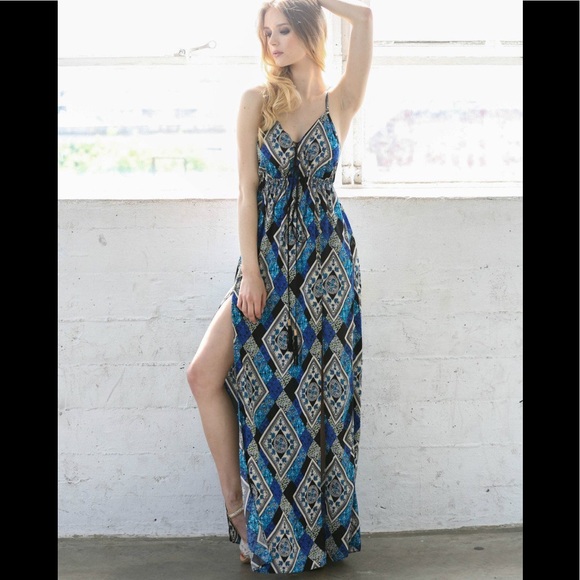Blue Double Slit Lace Up Maxi Dress - Picture 4 of 10